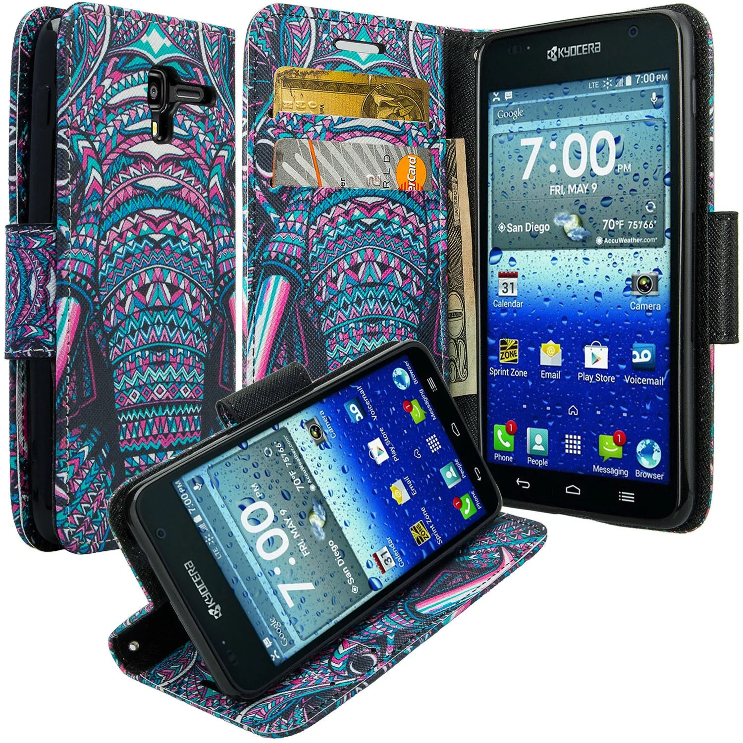 Kyocera Hydro View Wallet Case, Wrist Strap Pu Leather Magnetic Flip Fold[Kickstand] with ID & Card Slots for Kyocera Hydro View - Tribal Elephant