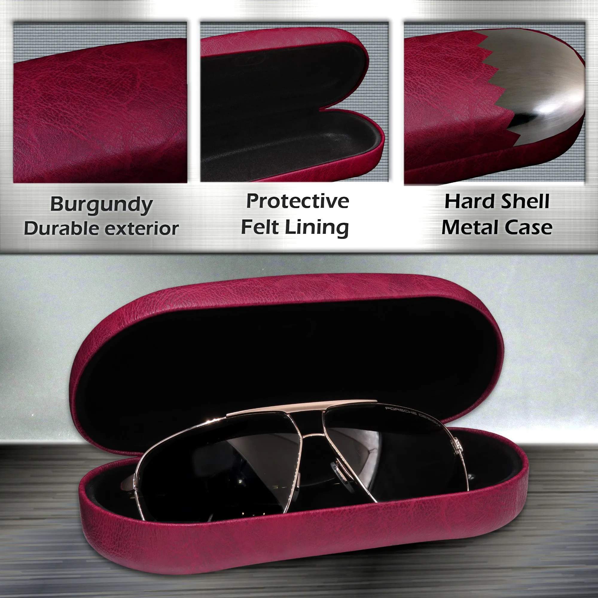 Large Sunglasses case - Hard Medium to Large Glasses Case w/ Pouch and cloth  (AS87 Burgundy)