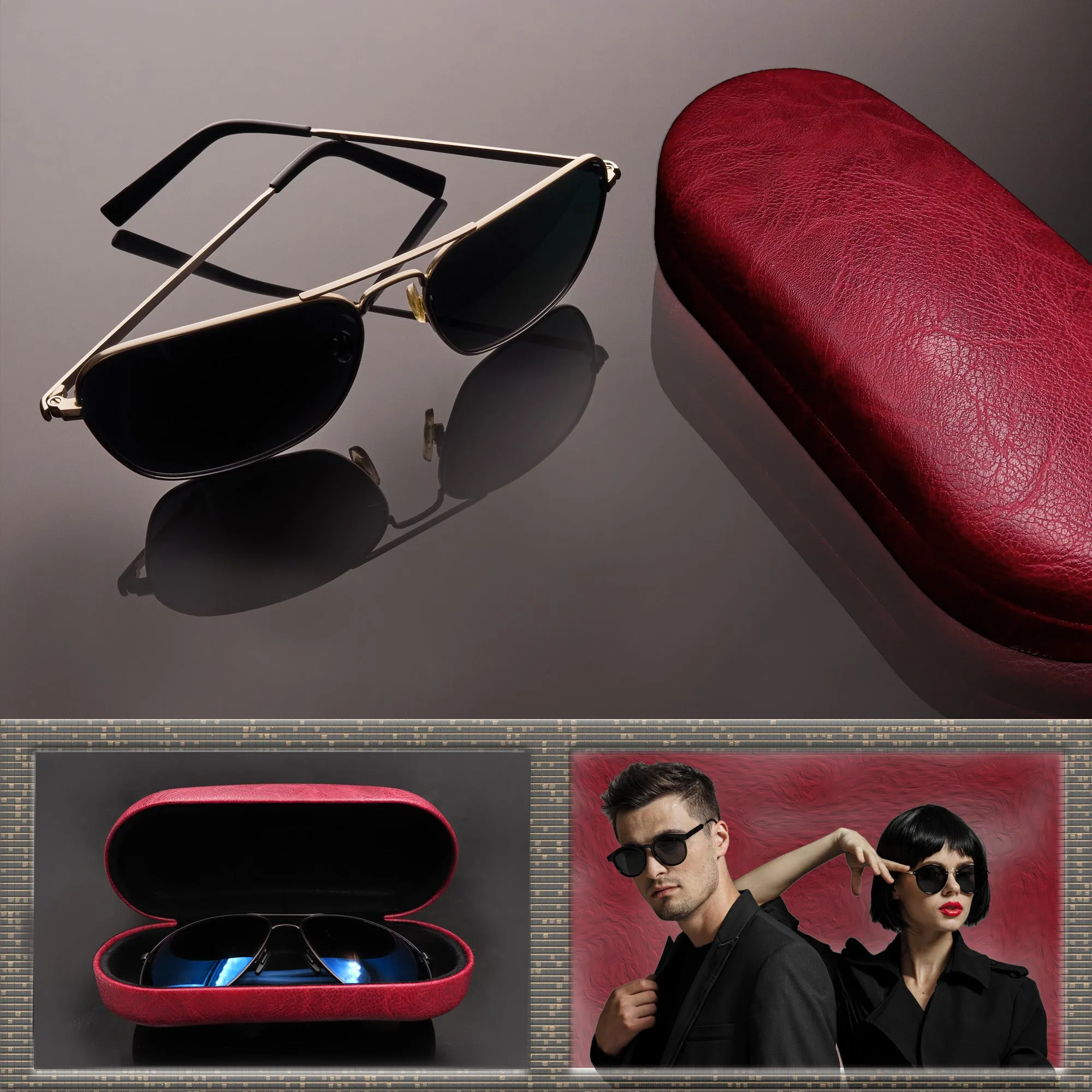 Large Sunglasses case - Hard Medium to Large Glasses Case w/ Pouch and cloth  (AS87 Burgundy)