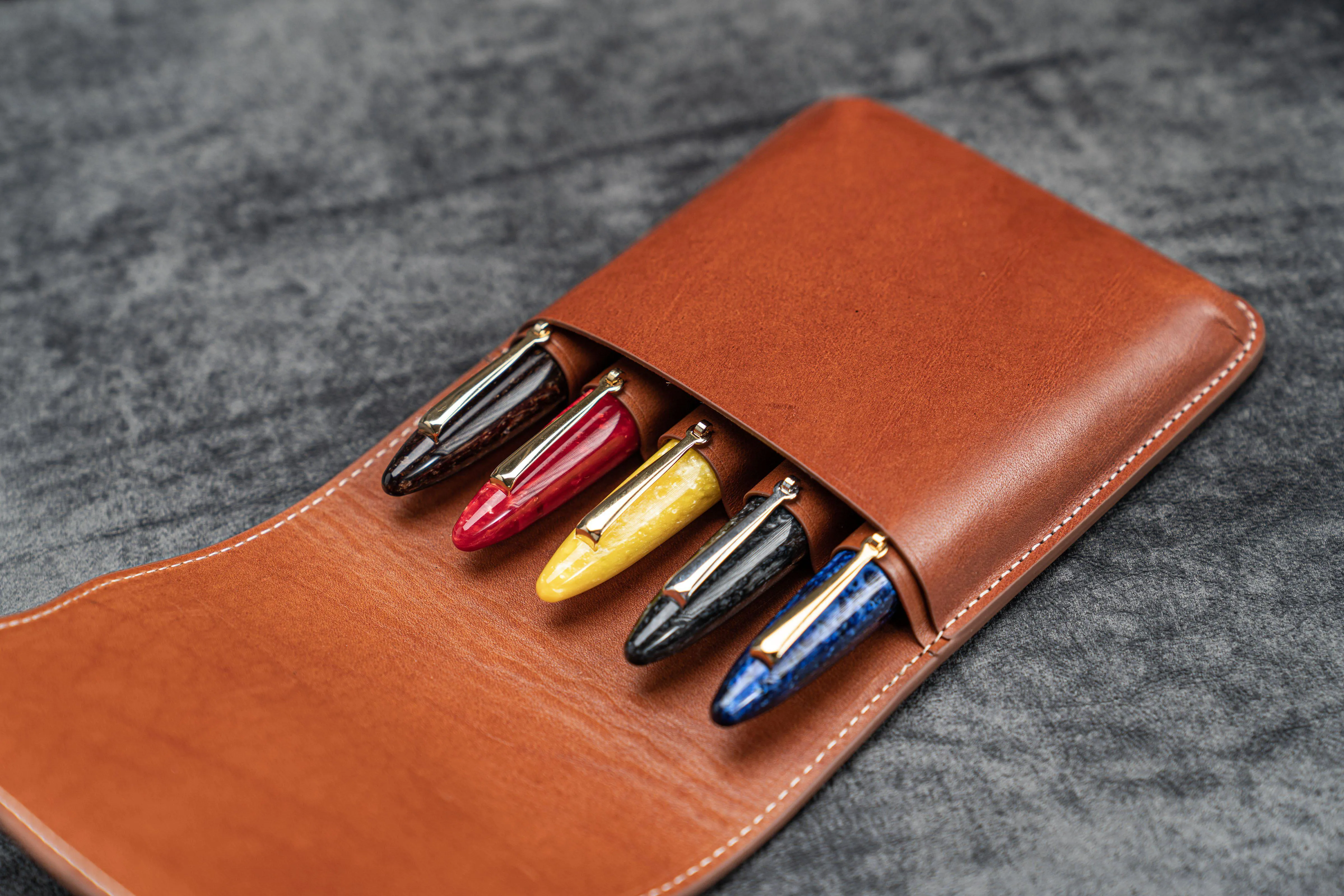 Leather Flap Pen Case for Five Pens - Brown