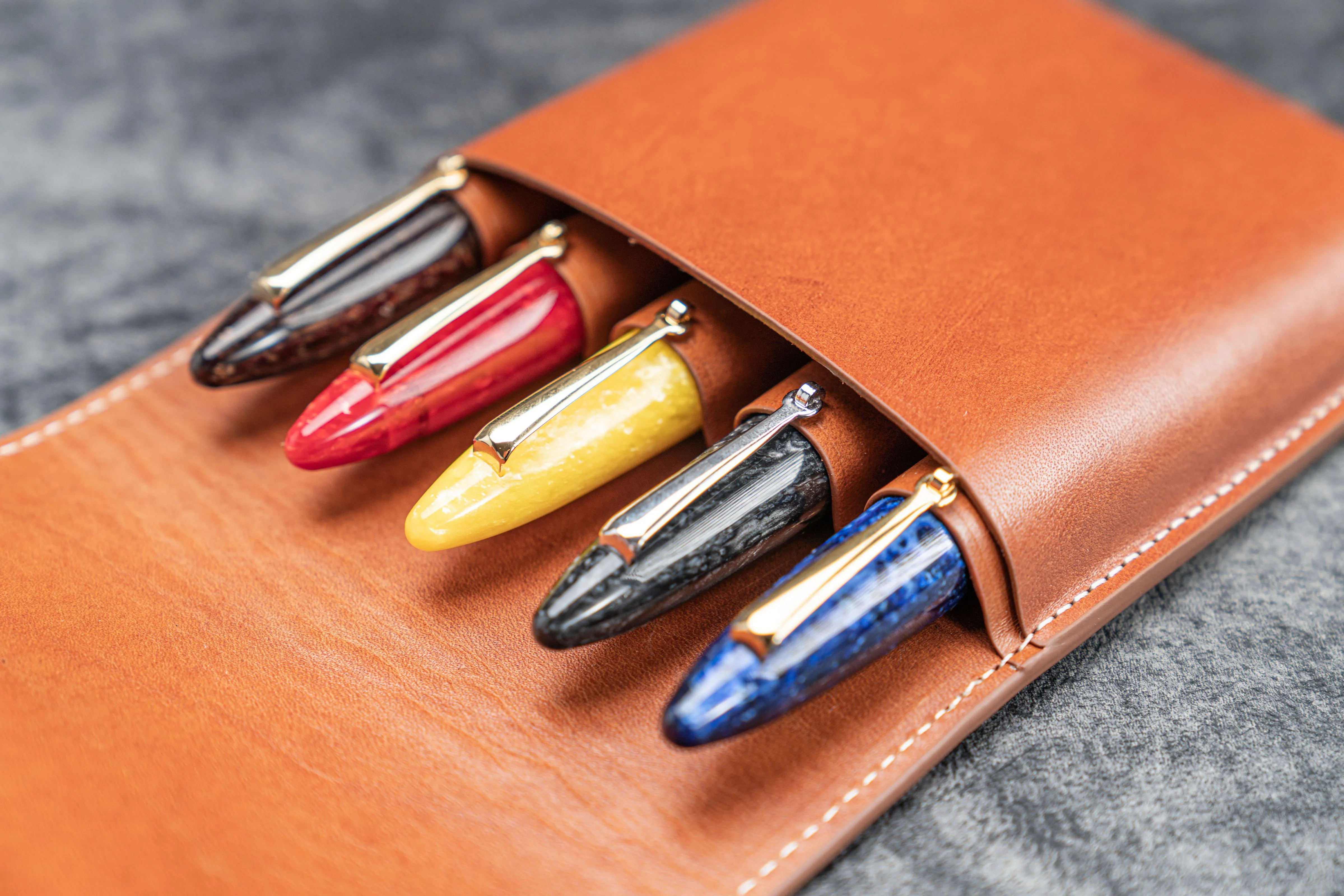 Leather Flap Pen Case for Five Pens - Brown