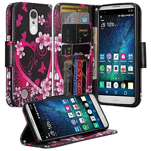 LG Aristo Case, K4 2017, K8 2017, Risio 2, Phoenix 3, Fortune, Wrist Strap Magnetic Fold[Kickstand] Pu Leather Wallet Case Cover with Card Slots - Heart Butterflies