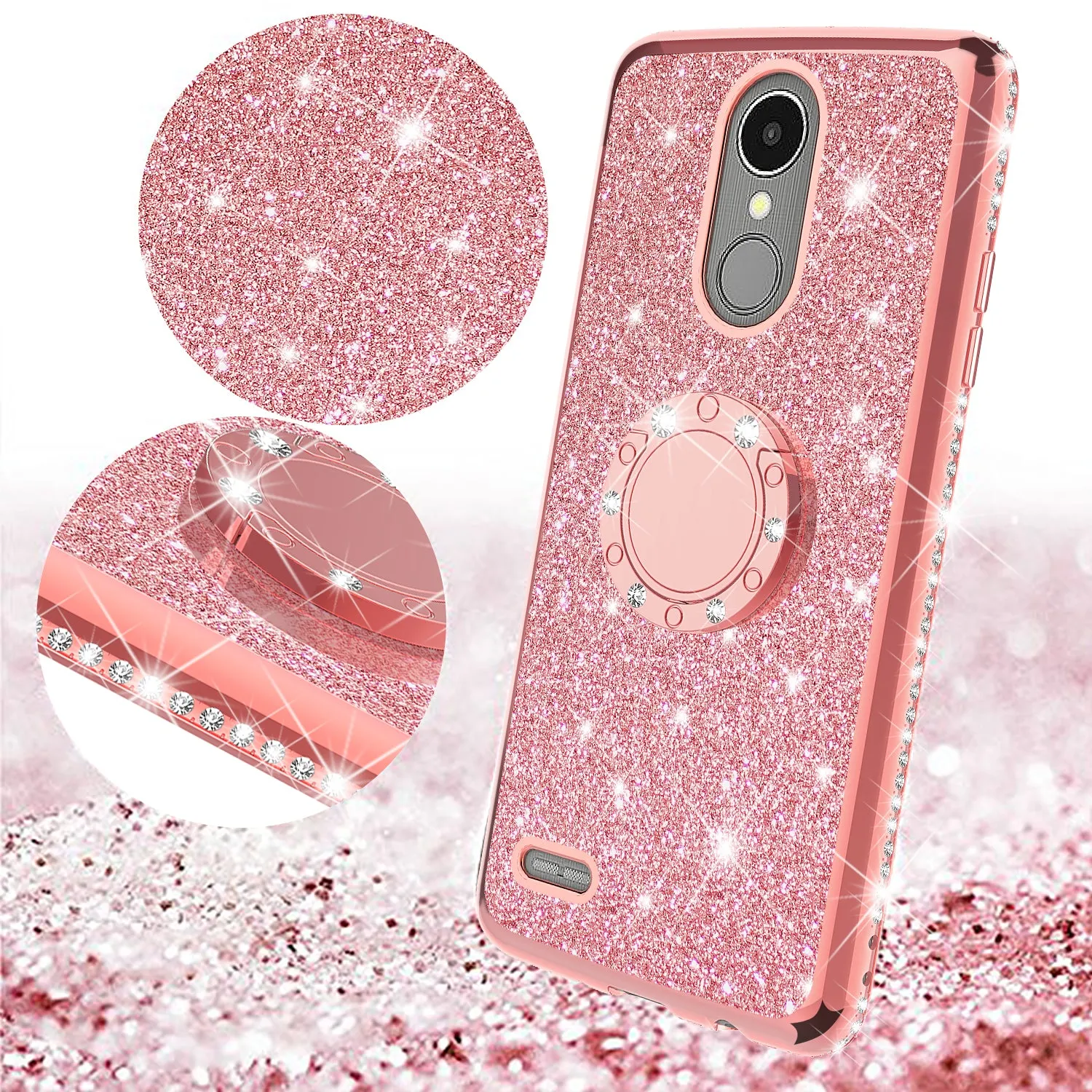 LG Aristo, LG K8 (2017), LG Phoenix 3, LG K4 2017 Case, Glitter Cute Phone Case Girls with Kickstand,Bling Diamond Rhinestone Bumper Ring Stand Sparkly Luxury Clear Thin Soft Protective LG K8 (2017) Case for Girl Women - Rose Gold