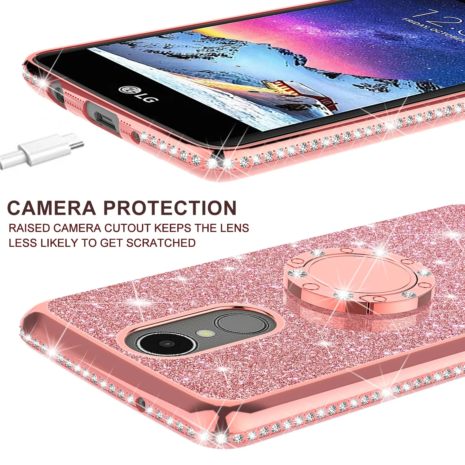 LG Aristo, LG K8 (2017), LG Phoenix 3, LG K4 2017 Case, Glitter Cute Phone Case Girls with Kickstand,Bling Diamond Rhinestone Bumper Ring Stand Sparkly Luxury Clear Thin Soft Protective LG K8 (2017) Case for Girl Women - Rose Gold