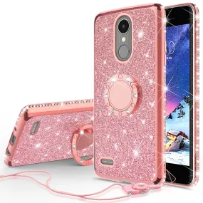 LG Aristo, LG K8 (2017), LG Phoenix 3, LG K4 2017 Case, Glitter Cute Phone Case Girls with Kickstand,Bling Diamond Rhinestone Bumper Ring Stand Sparkly Luxury Clear Thin Soft Protective LG K8 (2017) Case for Girl Women - Rose Gold