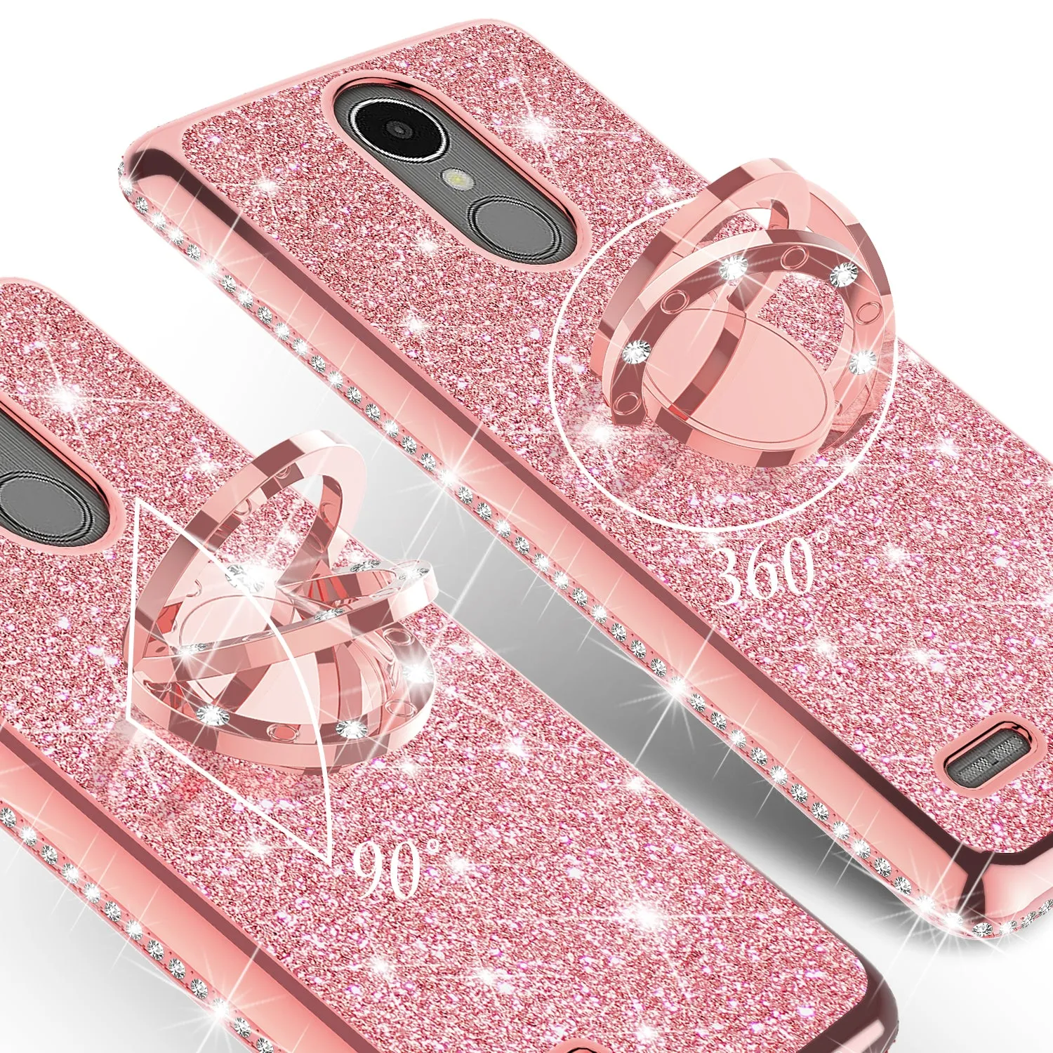 LG Aristo, LG K8 (2017), LG Phoenix 3, LG K4 2017 Case, Glitter Cute Phone Case Girls with Kickstand,Bling Diamond Rhinestone Bumper Ring Stand Sparkly Luxury Clear Thin Soft Protective LG K8 (2017) Case for Girl Women - Rose Gold