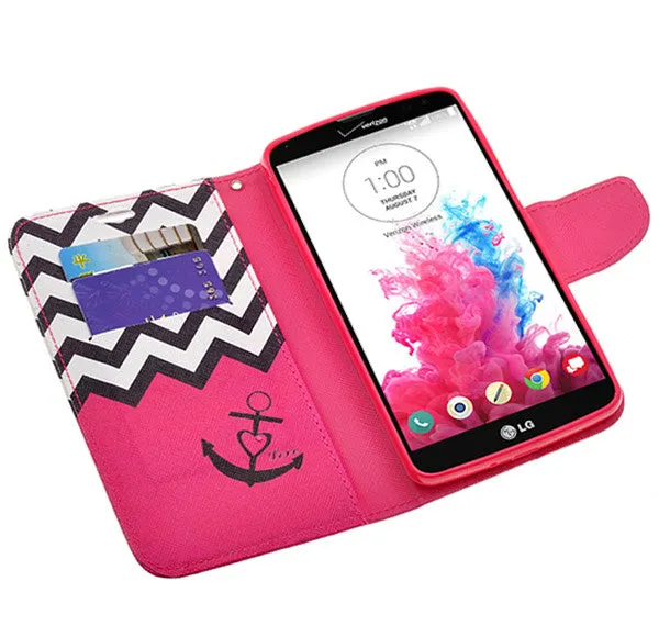 LG G Vista | VS880 | G Pro 2 Lite | D631 Case, Wrist Strap Magnetic Flip Fold[Kickstand] Pu Leather Wallet Case with ID & Card Slots - Hot Pink Anchor