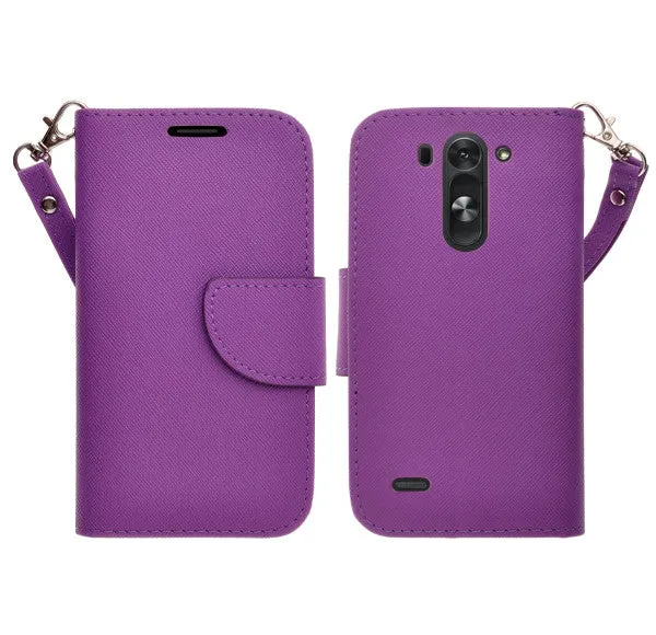 LG G3 s | LG G3 mini | LG G3 Beat | LG G3 Vigor | LG D725 | LG D722 Case, Wrist Strap Flip Folio [Kickstand Feature] Pu Leather Wallet Case with ID & Credit Card Slots - Purple