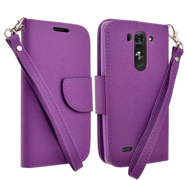 LG G3 s | LG G3 mini | LG G3 Beat | LG G3 Vigor | LG D725 | LG D722 Case, Wrist Strap Flip Folio [Kickstand Feature] Pu Leather Wallet Case with ID & Credit Card Slots - Purple