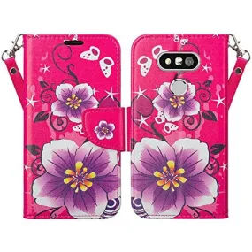 LG G5 Case, Wrist Strap Pu Leather Magnetic Flip Fold[Kickstand] Wallet Case with ID and Card Slots for LG G 5 - Hot Pink Flower