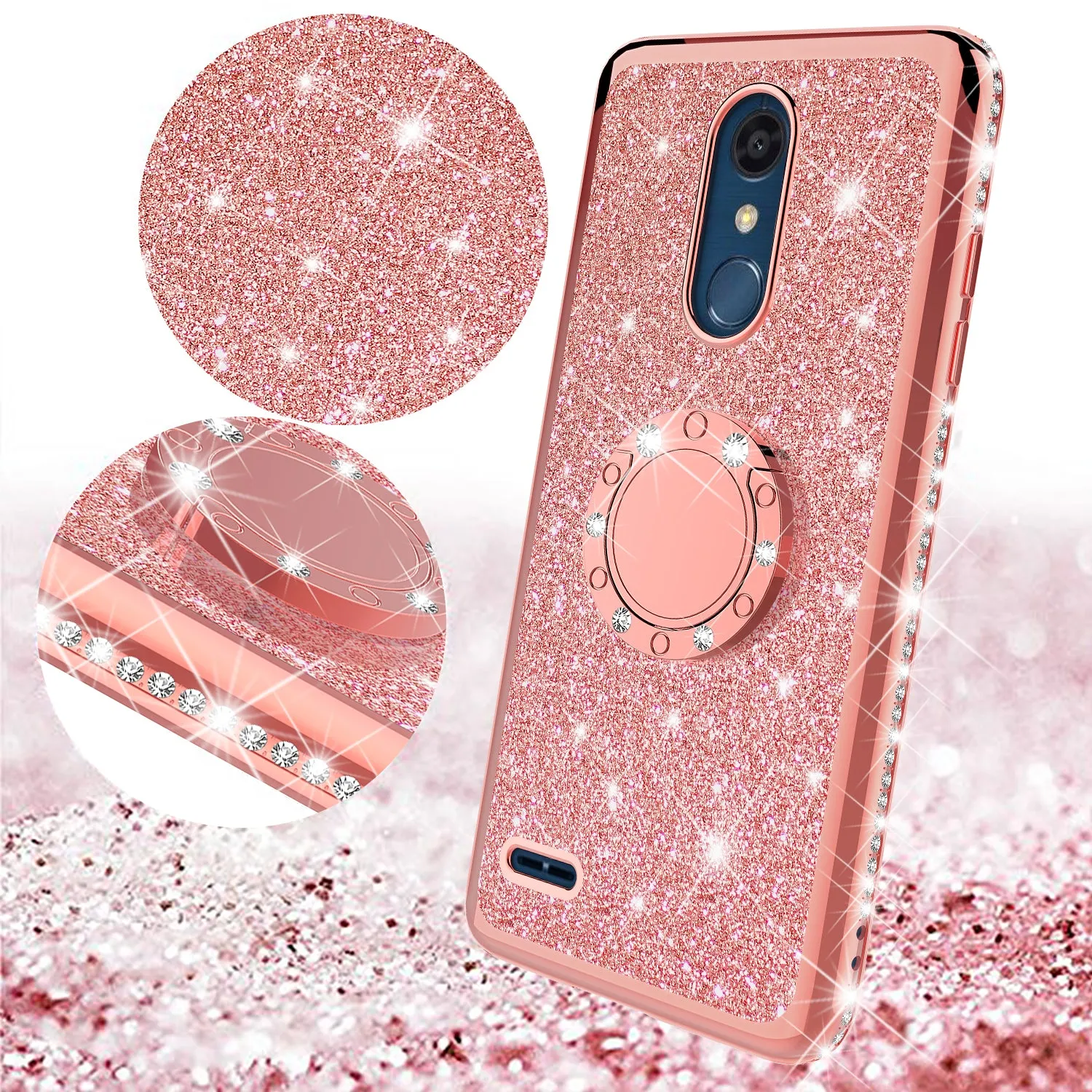 LG K10 (2018) Case, K30, Premier Pro, K10 Plus, Phoenix Plus, Xpression Plus, K10α, X4 Plus, X410, MS245, Glitter Cute Phone Case Girls Bling Diamond Rhinestone Ring Stand Luxury Clear Thin Soft Protective Cover for Girl Women - Rose Gold