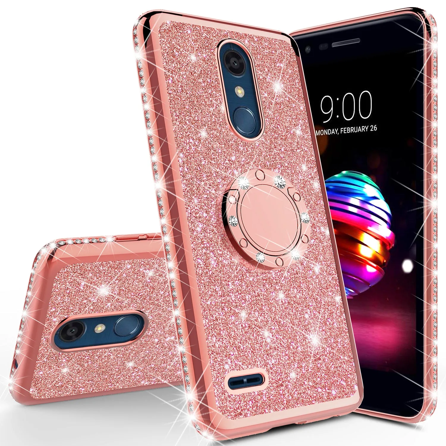 LG K10 (2018) Case, K30, Premier Pro, K10 Plus, Phoenix Plus, Xpression Plus, K10α, X4 Plus, X410, MS245, Glitter Cute Phone Case Girls Bling Diamond Rhinestone Ring Stand Luxury Clear Thin Soft Protective Cover for Girl Women - Rose Gold