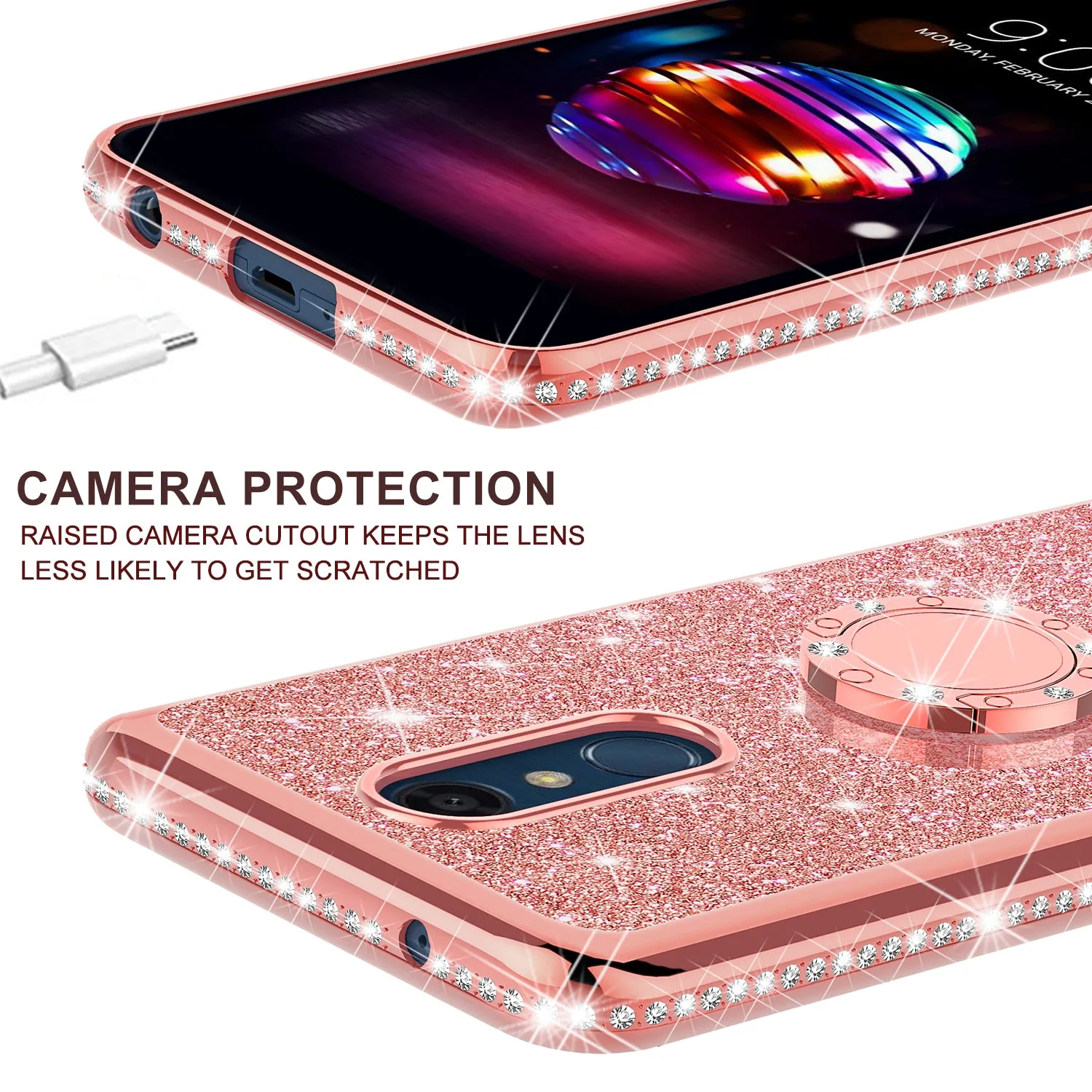 LG K10 (2018) Case, K30, Premier Pro, K10 Plus, Phoenix Plus, Xpression Plus, K10α, X4 Plus, X410, MS245, Glitter Cute Phone Case Girls Bling Diamond Rhinestone Ring Stand Luxury Clear Thin Soft Protective Cover for Girl Women - Rose Gold