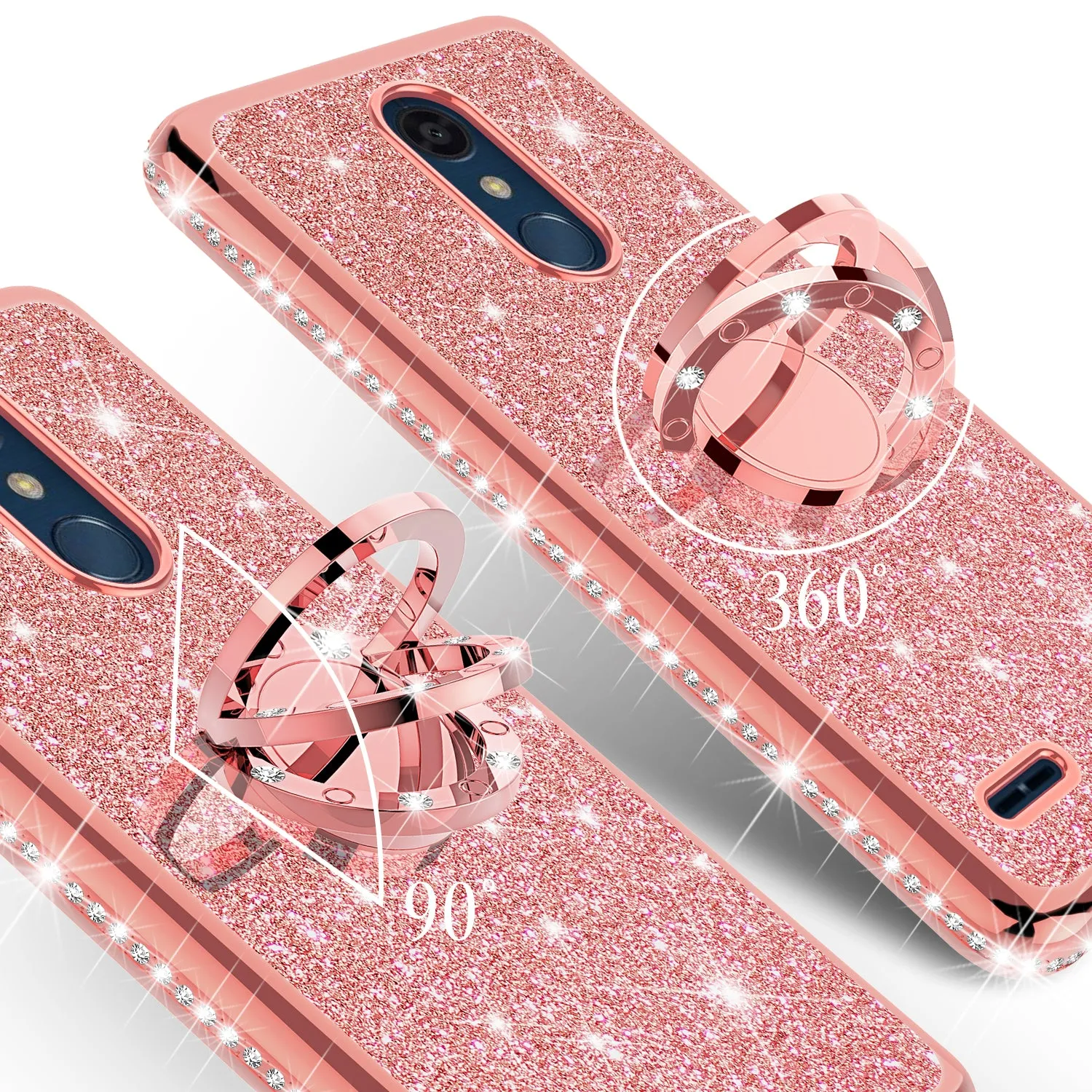 LG K10 (2018) Case, K30, Premier Pro, K10 Plus, Phoenix Plus, Xpression Plus, K10α, X4 Plus, X410, MS245, Glitter Cute Phone Case Girls Bling Diamond Rhinestone Ring Stand Luxury Clear Thin Soft Protective Cover for Girl Women - Rose Gold