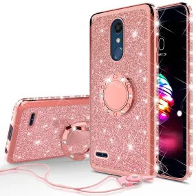 LG K10 (2018) Case, K30, Premier Pro, K10 Plus, Phoenix Plus, Xpression Plus, K10α, X4 Plus, X410, MS245, Glitter Cute Phone Case Girls Bling Diamond Rhinestone Ring Stand Luxury Clear Thin Soft Protective Cover for Girl Women - Rose Gold