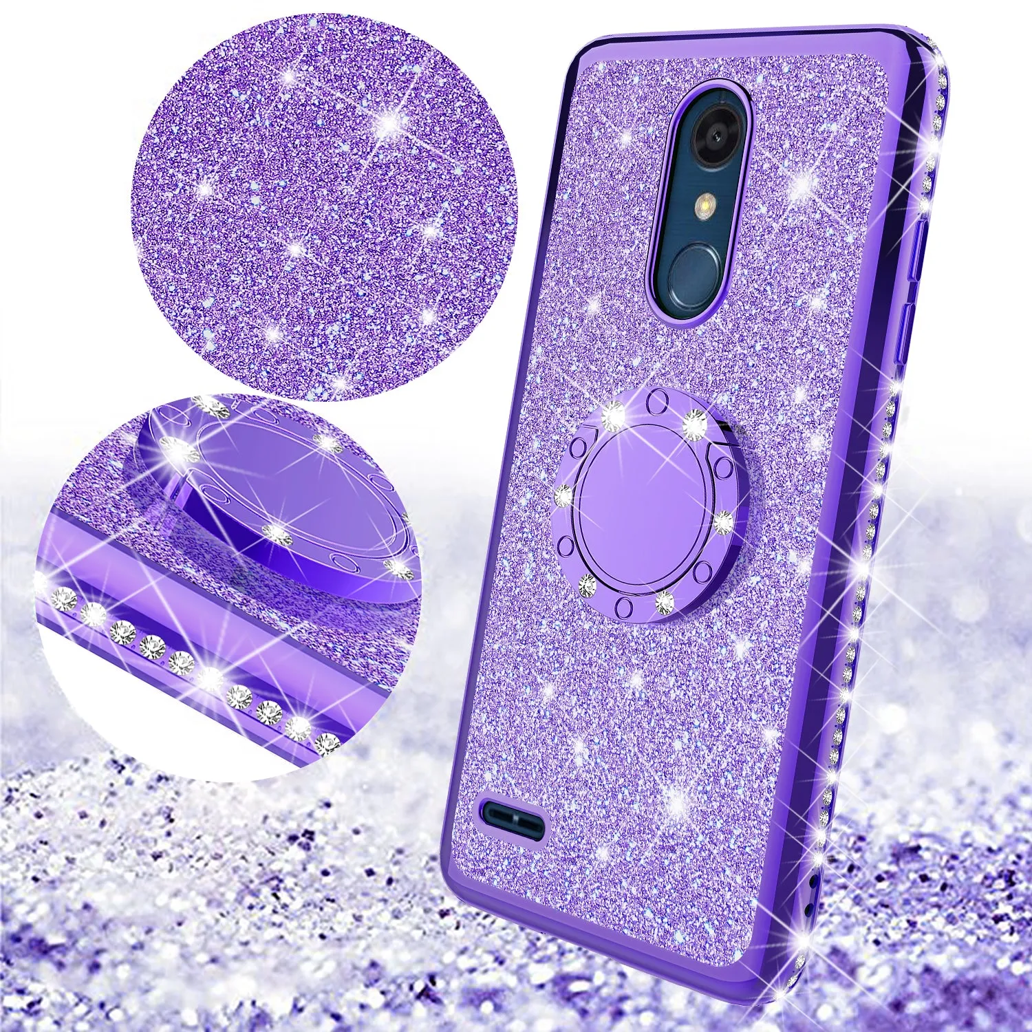 LG K40/Xpression Plus 2/K12 Plus/X4 2019/Harmony 3/LG Solo Case, Glitter Cute Phone Case Girls Bling Diamond Rhinestone Ring Stand Luxury Clear Thin Soft Protective Cover for Girl Women - Purple