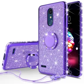 LG K40/Xpression Plus 2/K12 Plus/X4 2019/Harmony 3/LG Solo Case, Glitter Cute Phone Case Girls Bling Diamond Rhinestone Ring Stand Luxury Clear Thin Soft Protective Cover for Girl Women - Purple