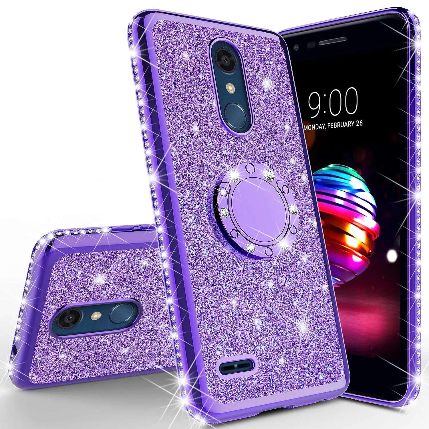 LG K40/Xpression Plus 2/K12 Plus/X4 2019/Harmony 3/LG Solo Case, Glitter Cute Phone Case Girls Bling Diamond Rhinestone Ring Stand Luxury Clear Thin Soft Protective Cover for Girl Women - Purple