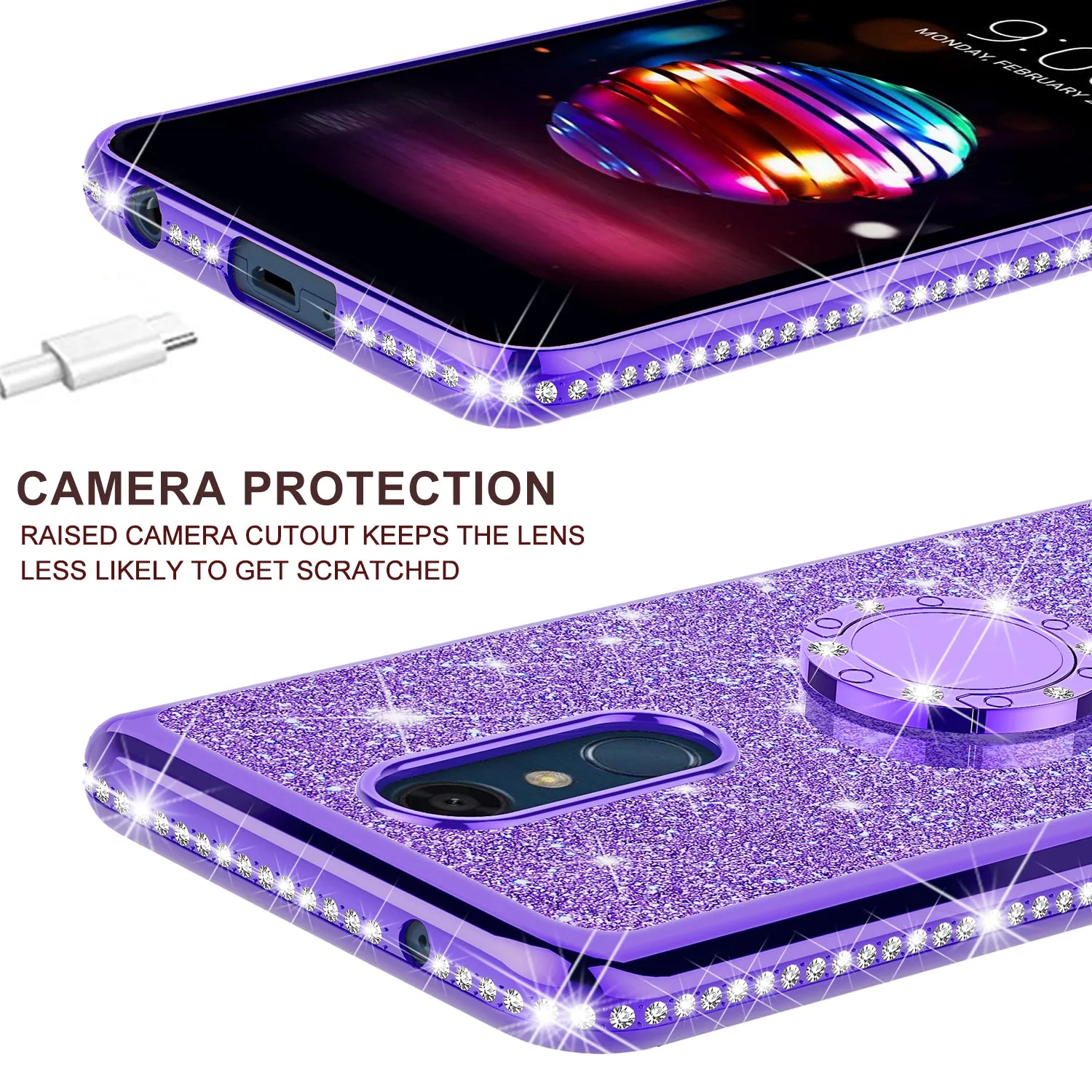 LG K40/Xpression Plus 2/K12 Plus/X4 2019/Harmony 3/LG Solo Case, Glitter Cute Phone Case Girls Bling Diamond Rhinestone Ring Stand Luxury Clear Thin Soft Protective Cover for Girl Women - Purple