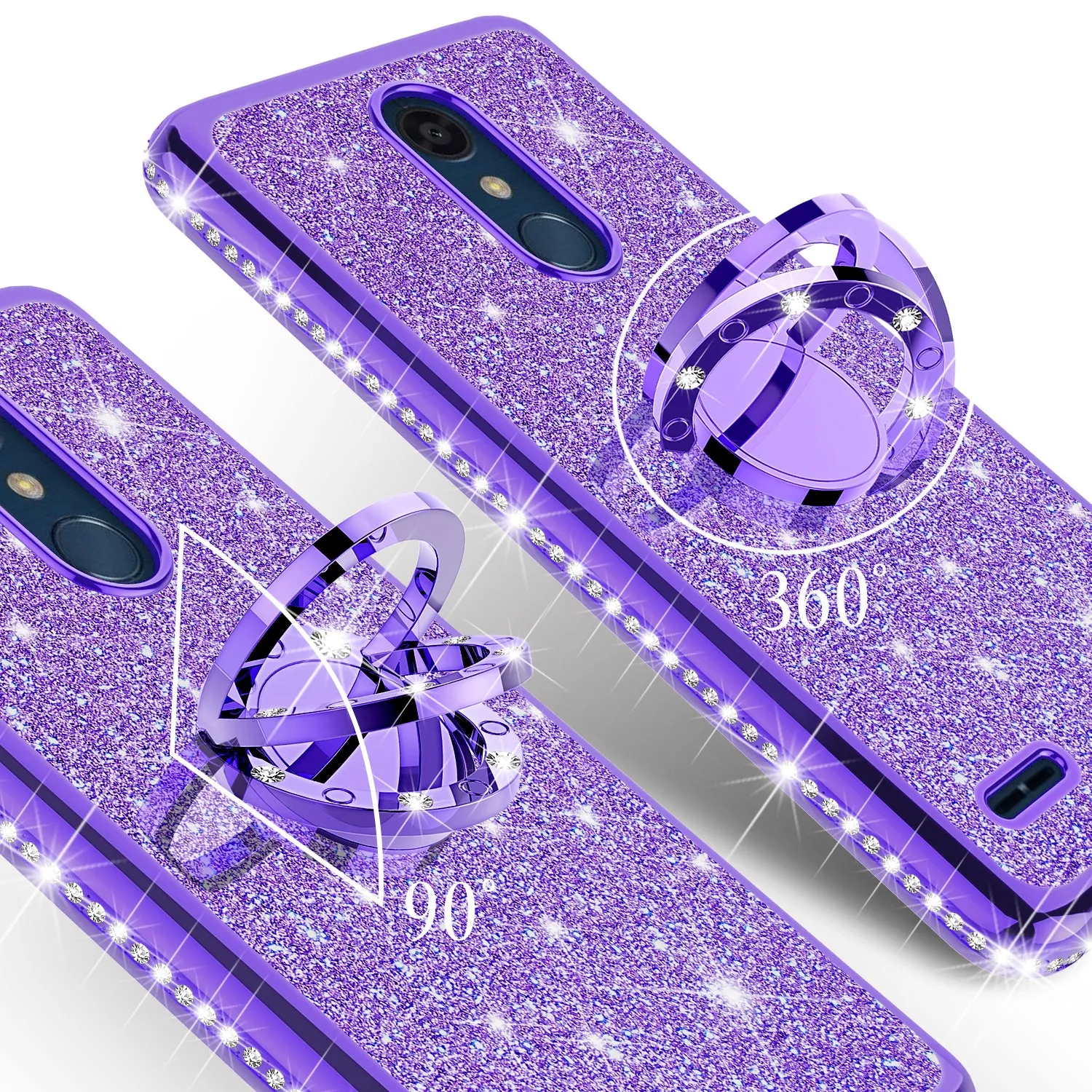 LG K40/Xpression Plus 2/K12 Plus/X4 2019/Harmony 3/LG Solo Case, Glitter Cute Phone Case Girls Bling Diamond Rhinestone Ring Stand Luxury Clear Thin Soft Protective Cover for Girl Women - Purple