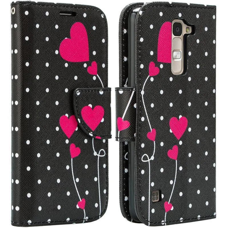 LG K8 | LG Phoenix 2 | LG Escape 3 Wallet Case, Wrist Strap [Kickstand] Pu Leather Wallet Case with ID & Credit Card Slots for LG K8 | LG Phoenix 2 | LG Escape 3 - Polka Dot Heart