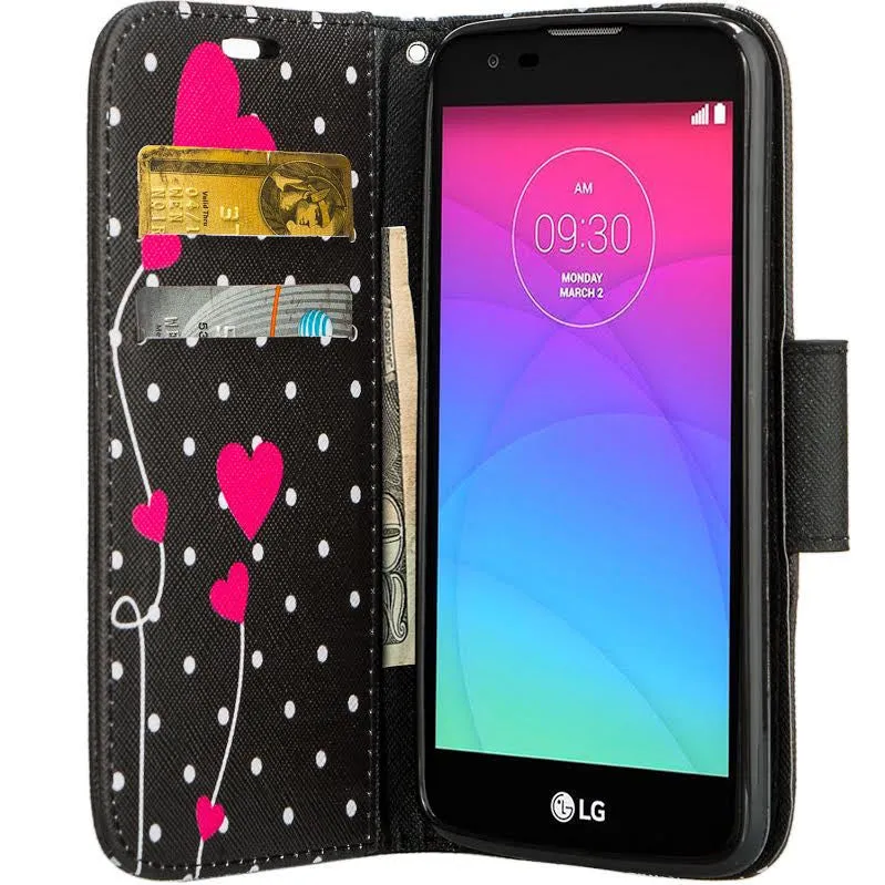 LG K8 | LG Phoenix 2 | LG Escape 3 Wallet Case, Wrist Strap [Kickstand] Pu Leather Wallet Case with ID & Credit Card Slots for LG K8 | LG Phoenix 2 | LG Escape 3 - Polka Dot Heart