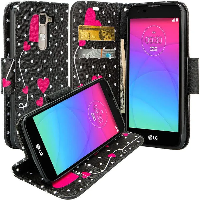 LG K8 | LG Phoenix 2 | LG Escape 3 Wallet Case, Wrist Strap [Kickstand] Pu Leather Wallet Case with ID & Credit Card Slots for LG K8 | LG Phoenix 2 | LG Escape 3 - Polka Dot Heart