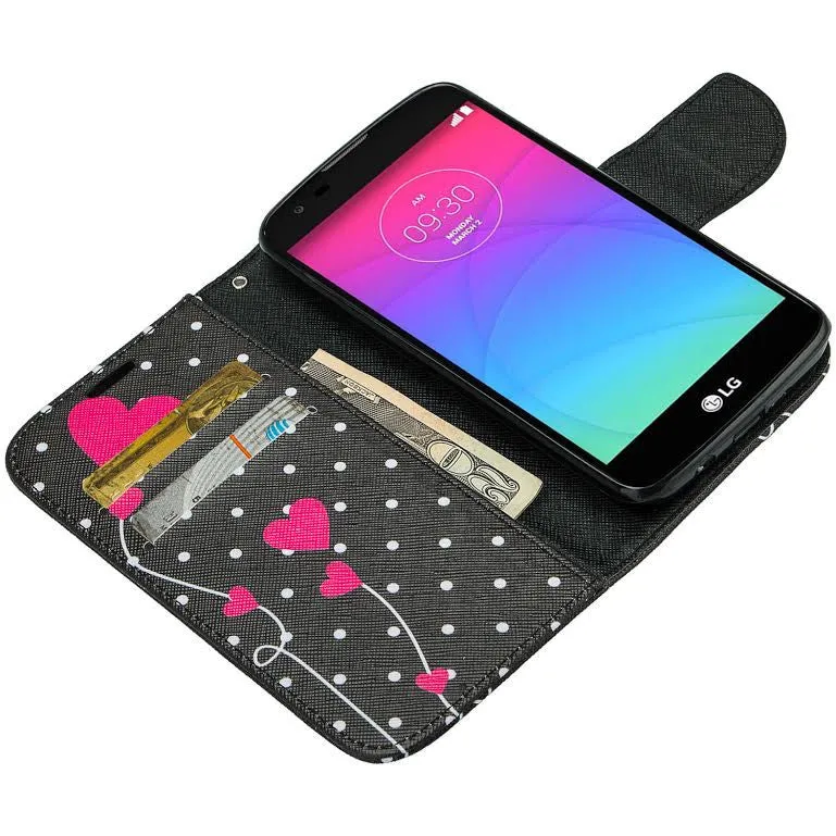 LG K8 | LG Phoenix 2 | LG Escape 3 Wallet Case, Wrist Strap [Kickstand] Pu Leather Wallet Case with ID & Credit Card Slots for LG K8 | LG Phoenix 2 | LG Escape 3 - Polka Dot Heart