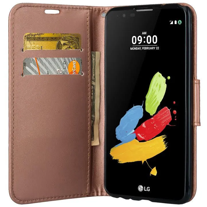 LG Stylo 2 Case, LG Stylo 2 V Wallet Case [Kickstand] Pu Leather Wrist Strap Wallet Case w/ ID & Card Slots & Pocket - Rose Gold