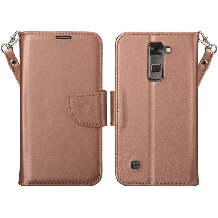 LG Stylo 2 Case, LG Stylo 2 V Wallet Case [Kickstand] Pu Leather Wrist Strap Wallet Case w/ ID & Card Slots & Pocket - Rose Gold