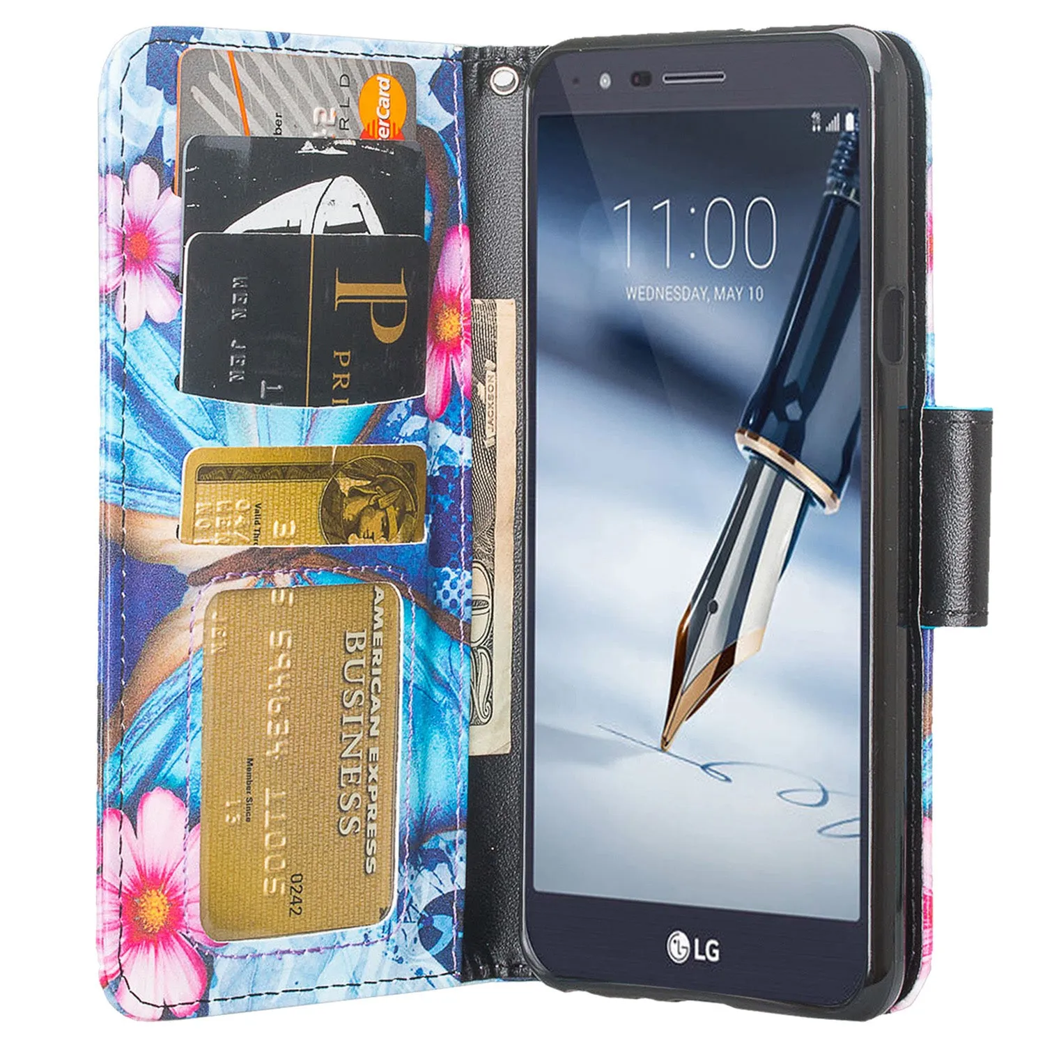 LG Stylo 4 Case, Stylo 4 Plus, Q Stylus Wallet Case, Wrist Strap Pu Leather Wallet Case [Kickstand] with ID & Credit Card Slots - Blue Butterfly