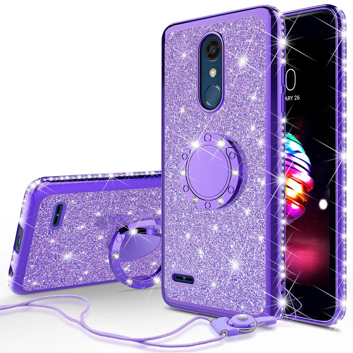 LG Stylo 5 Case, Stylo 5, Glitter Cute Phone Case Girls Bling Diamond Rhinestone Ring Stand Luxury Clear Thin Soft Protective Cover for Girl Women - Purple