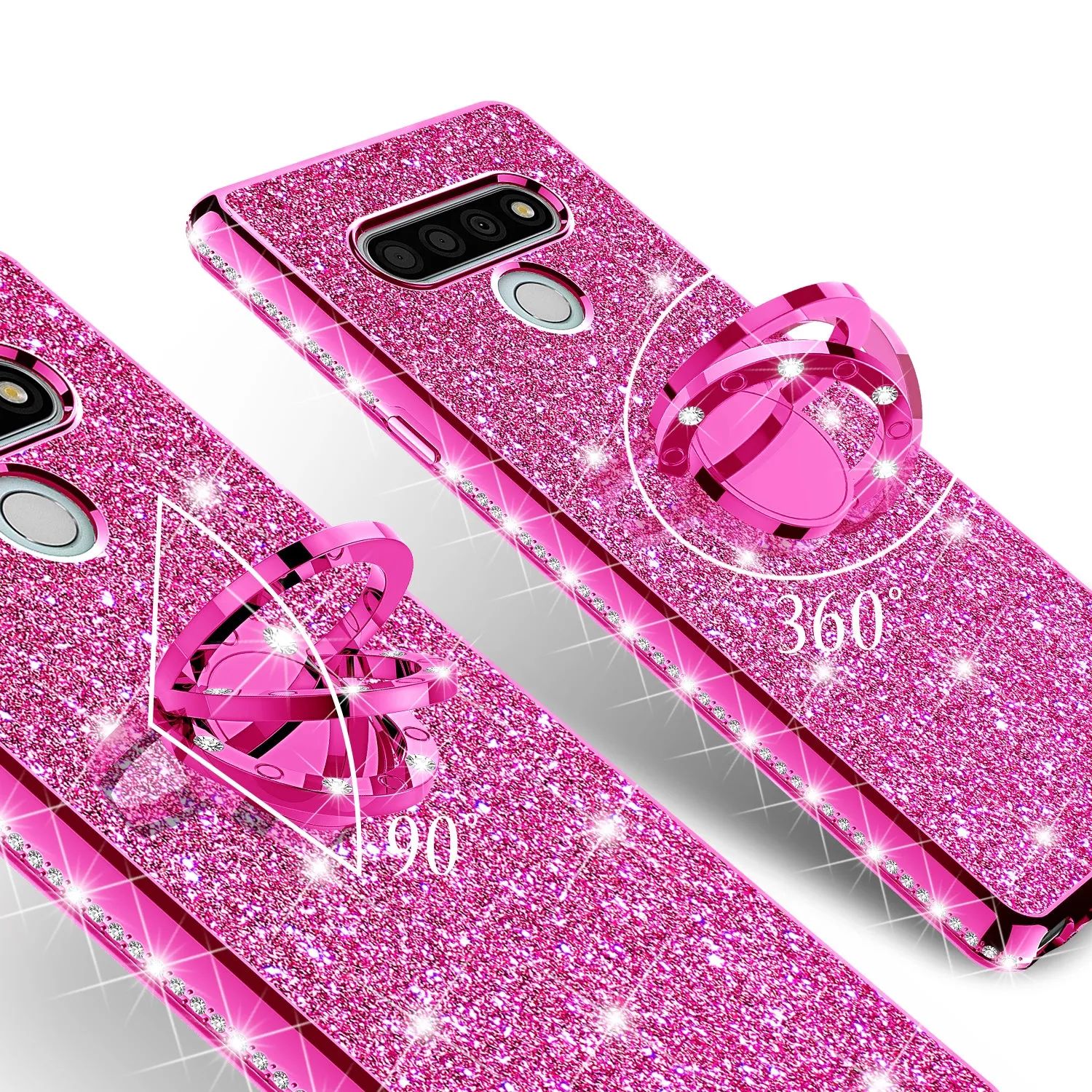 LG Stylo 6 Case, Glitter Cute Phone Case Girls with Kickstand,Bling Diamond Rhinestone Bumper Ring Stand Sparkly Luxury Clear Thin Soft Protective LG Stylo 6 Case for Girl Women - Hot Pink