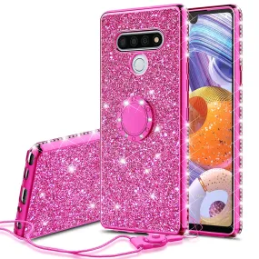 LG Stylo 6 Case, Glitter Cute Phone Case Girls with Kickstand,Bling Diamond Rhinestone Bumper Ring Stand Sparkly Luxury Clear Thin Soft Protective LG Stylo 6 Case for Girl Women - Hot Pink