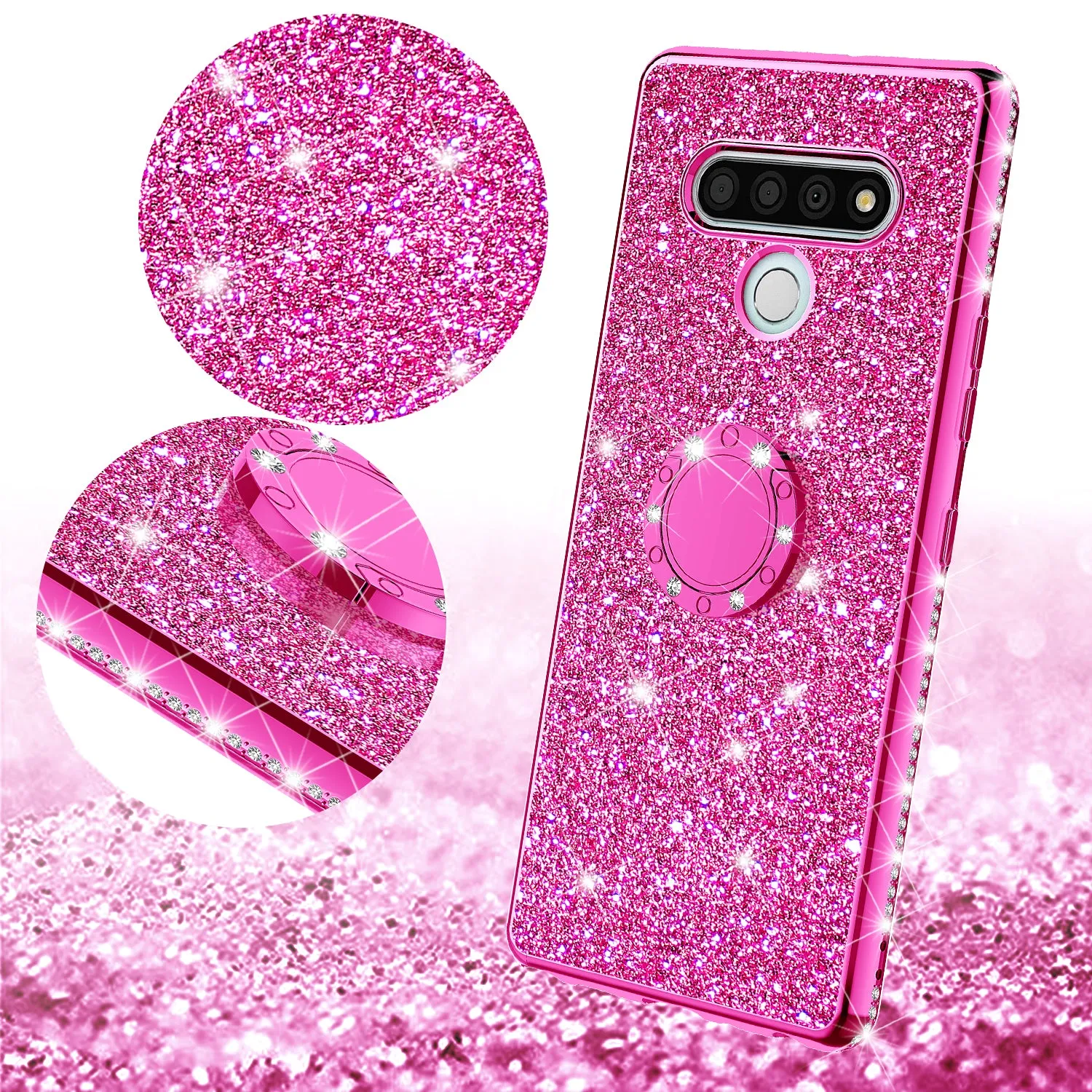 LG Stylo 6 Case, Glitter Cute Phone Case Girls with Kickstand,Bling Diamond Rhinestone Bumper Ring Stand Sparkly Luxury Clear Thin Soft Protective LG Stylo 6 Case for Girl Women - Hot Pink