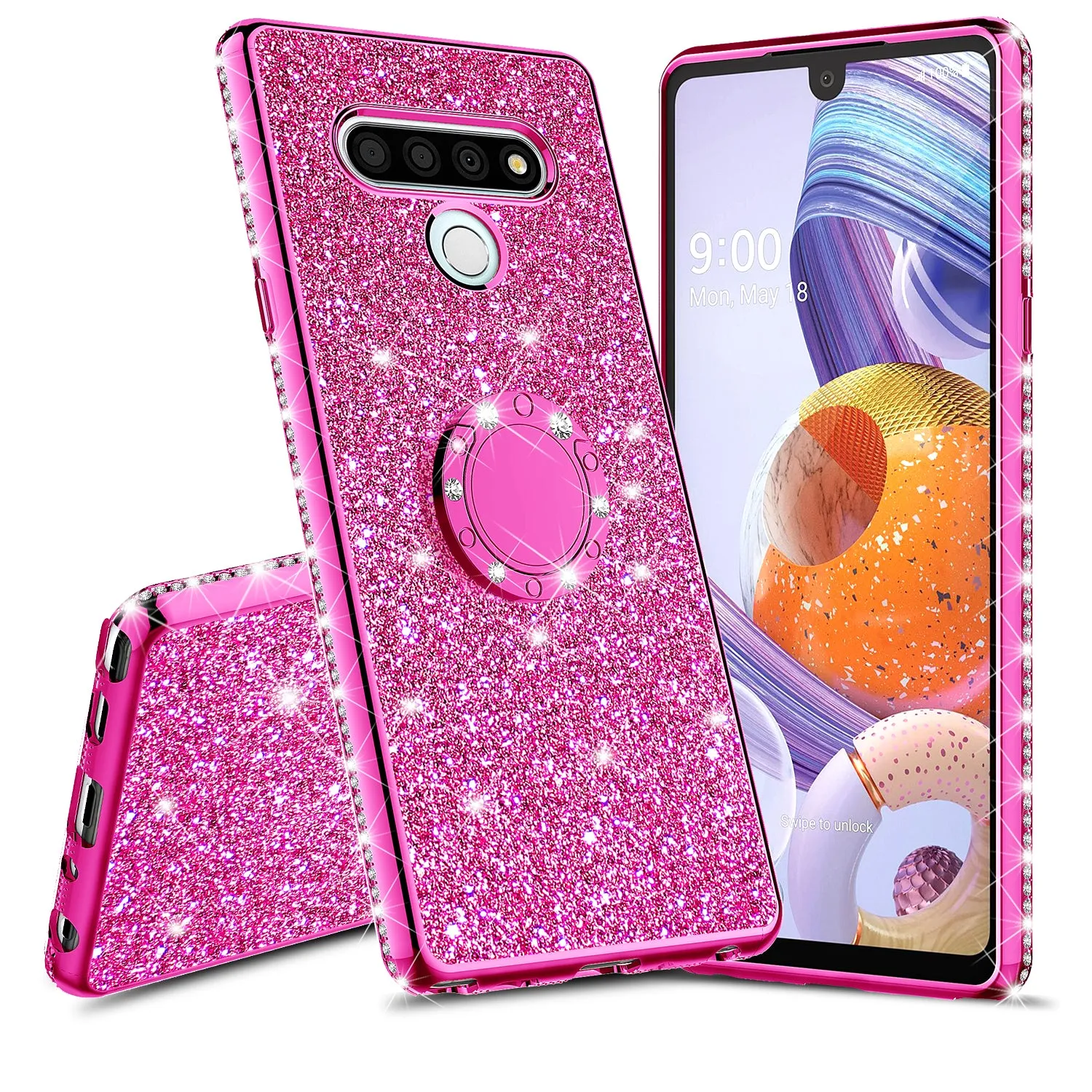 LG Stylo 6 Case, Glitter Cute Phone Case Girls with Kickstand,Bling Diamond Rhinestone Bumper Ring Stand Sparkly Luxury Clear Thin Soft Protective LG Stylo 6 Case for Girl Women - Hot Pink