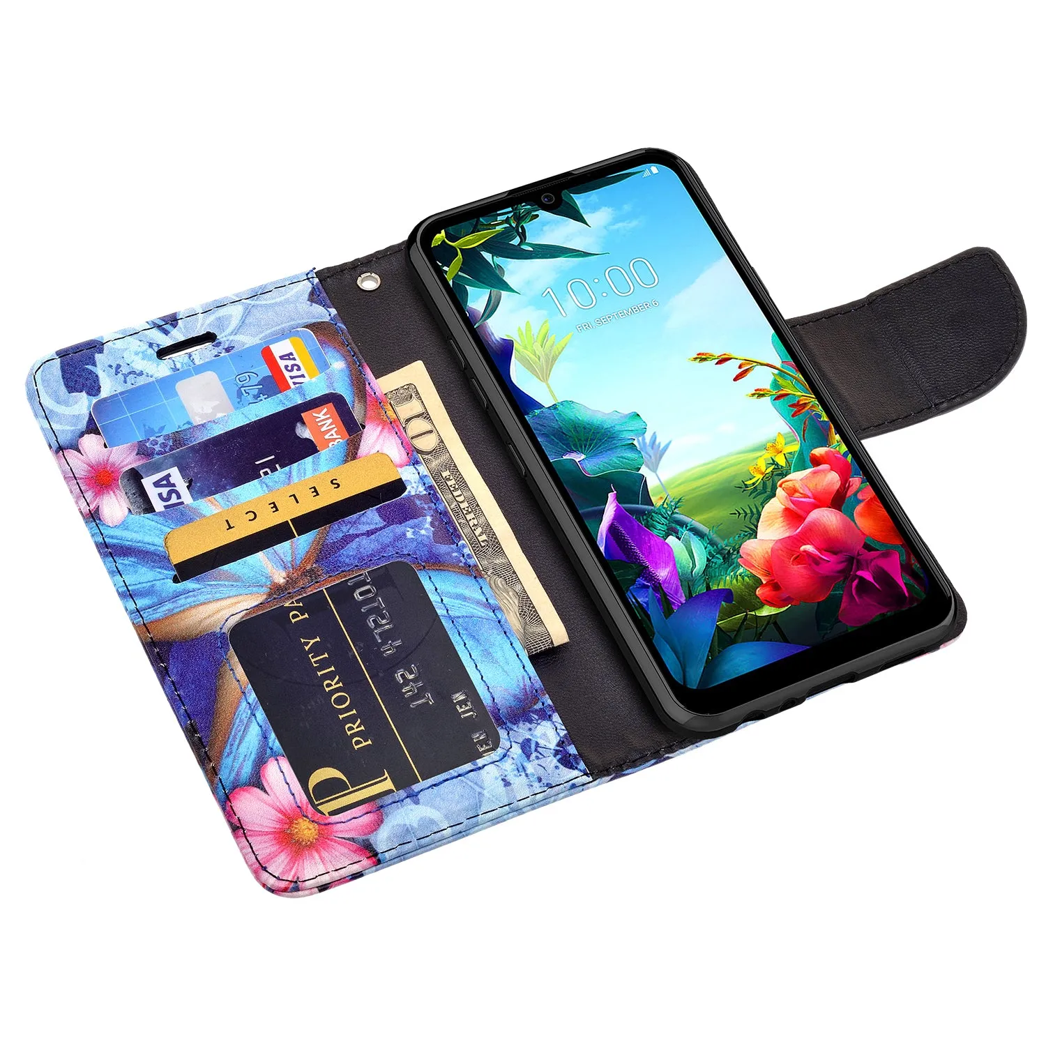 LG Stylo 6 Case, Stylo 6 Wallet Case, Wrist Strap Pu Leather Wallet Case [Kickstand] with ID & Credit Card Slots - Blue Butterfly