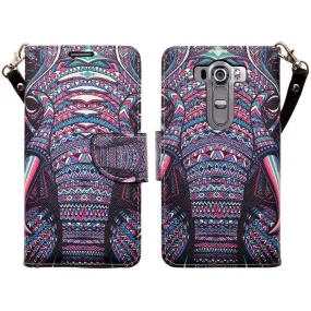 LG V10 Case, Wrist Strap Magnetic Fold[Kickstand] Pu Leather Wallet Case with ID & Credit Card Slots for LG V10 - Tribal Elephant