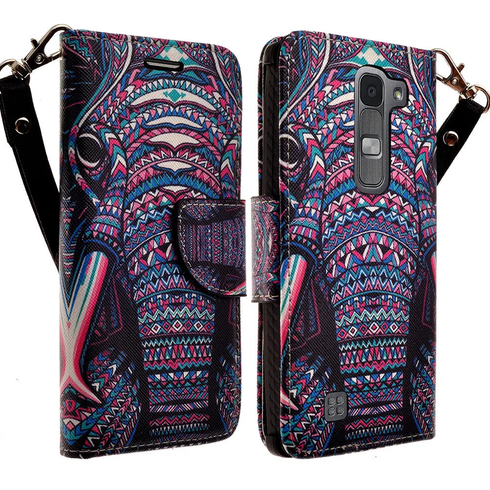 LG Volt2 Case,  LG LS751 Case Wrist Strap Pu Leather Magnetic Flip Fold[Kickstand] Wallet Case with ID & Card Slots for LG Volt2 - Tribal Elephant