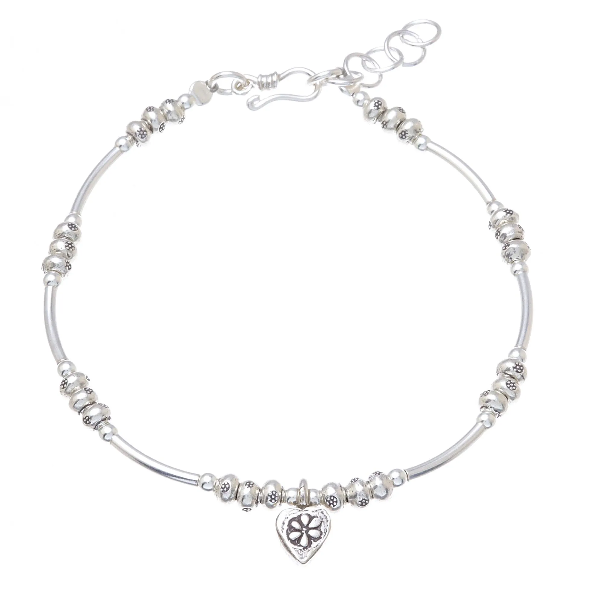 Love Hill Tribe Heart Charm Karen Silver Beaded Bracelet from Thailand