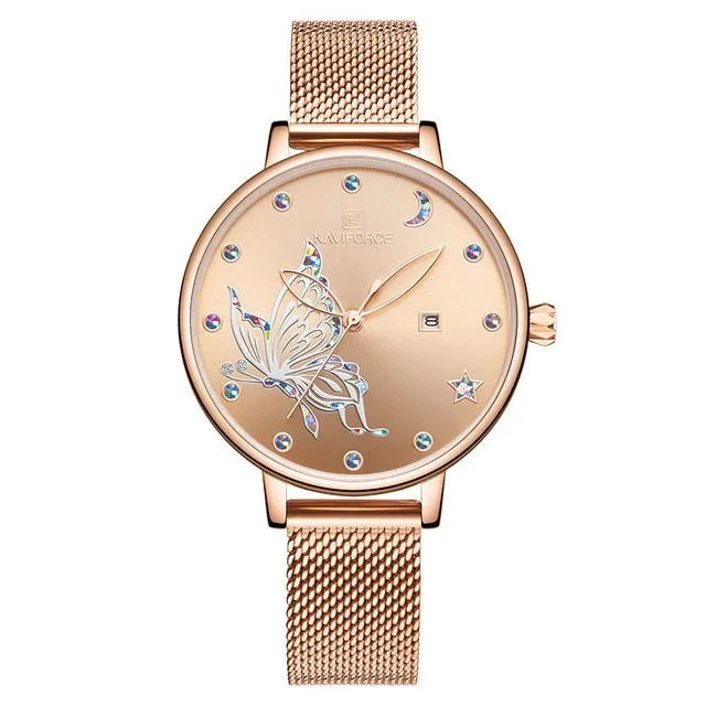 Luxury Crystal Watch Top Brand Rose Gold Steel Mesh Ladies Wrist Watches Bracelet Watch