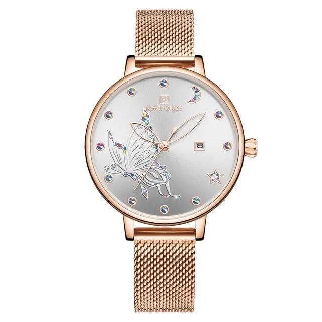 Luxury Crystal Watch Top Brand Rose Gold Steel Mesh Ladies Wrist Watches Bracelet Watch