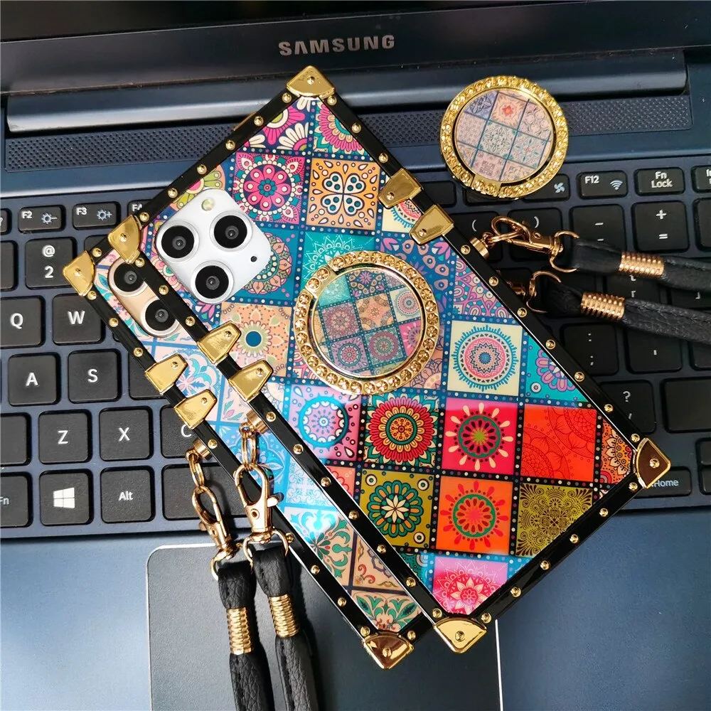 Luxury Glitter Flower Cover Square Lanyard Strap Case for iPhone 12 PRO MAX XS X XR 11 13 PRO 14 PRO MAX 7 8 14 Plus Phone Cases