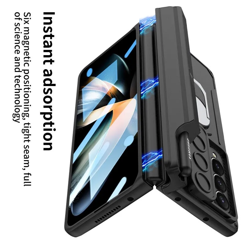 Magnetic Hinge Armor Slide Phone Case With Screen Flim Ring Stand For Samsung Galaxy Z Fold 4