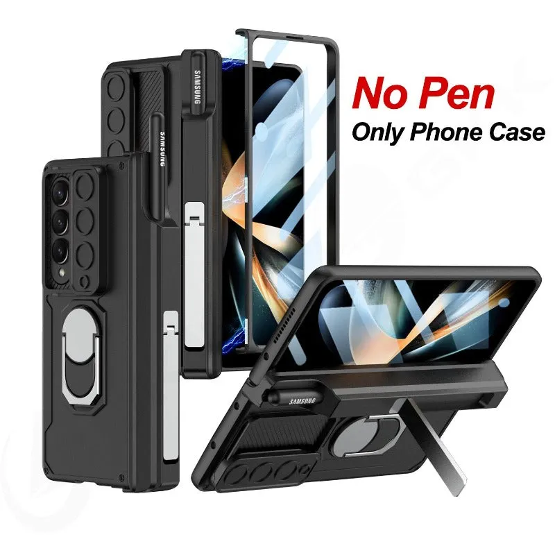 Magnetic Hinge Armor Slide Phone Case With Screen Flim Ring Stand For Samsung Galaxy Z Fold 4