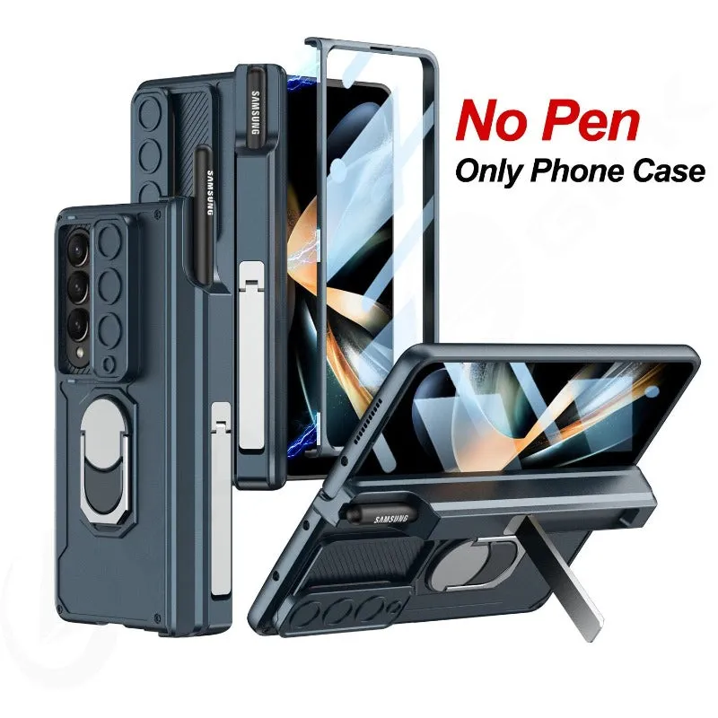 Magnetic Hinge Armor Slide Phone Case With Screen Flim Ring Stand For Samsung Galaxy Z Fold 4