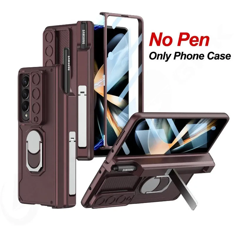 Magnetic Hinge Armor Slide Phone Case With Screen Flim Ring Stand For Samsung Galaxy Z Fold 4