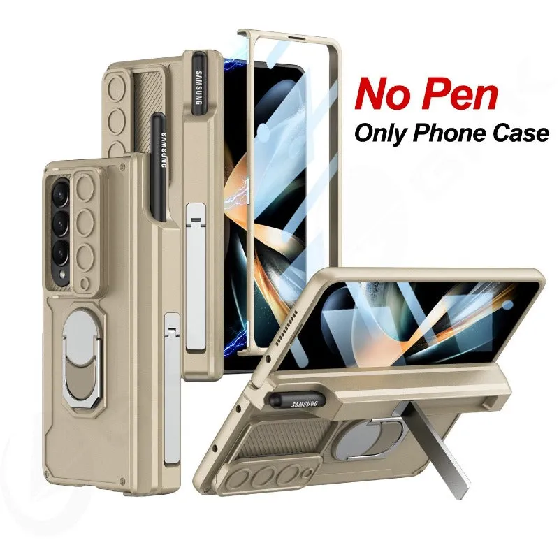 Magnetic Hinge Armor Slide Phone Case With Screen Flim Ring Stand For Samsung Galaxy Z Fold 4