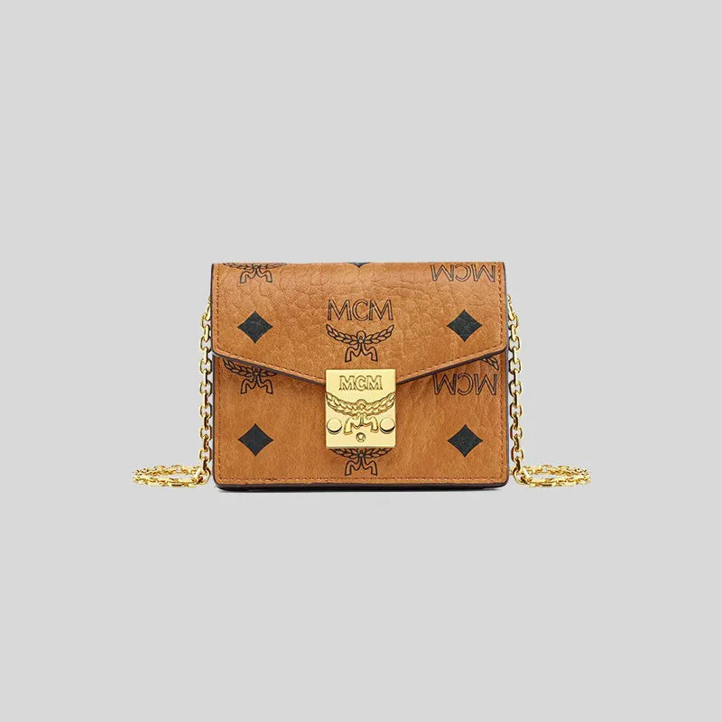 MCM Tracy Chain Card Wallet in Visetos Cognac MYADAXT01CO001