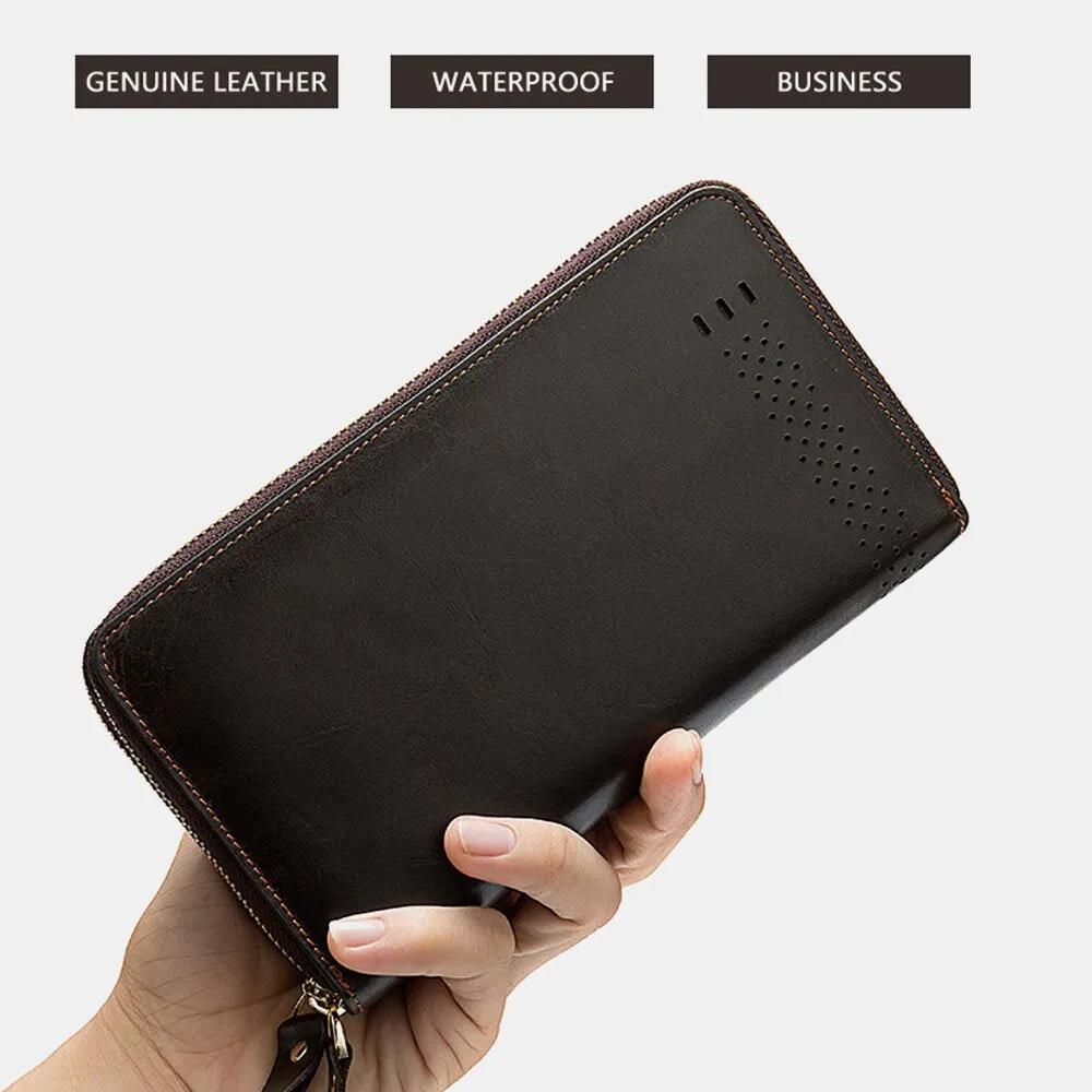 Men Genuine Leather 11 Card Slot Holder Casual Business Wear Resistant Long Double Zipper Coin Purse Wallet